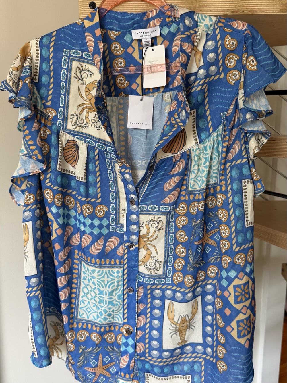 NWT Current Air Blue Seashell Ocean Beach Button-Front Blouse Collin Top